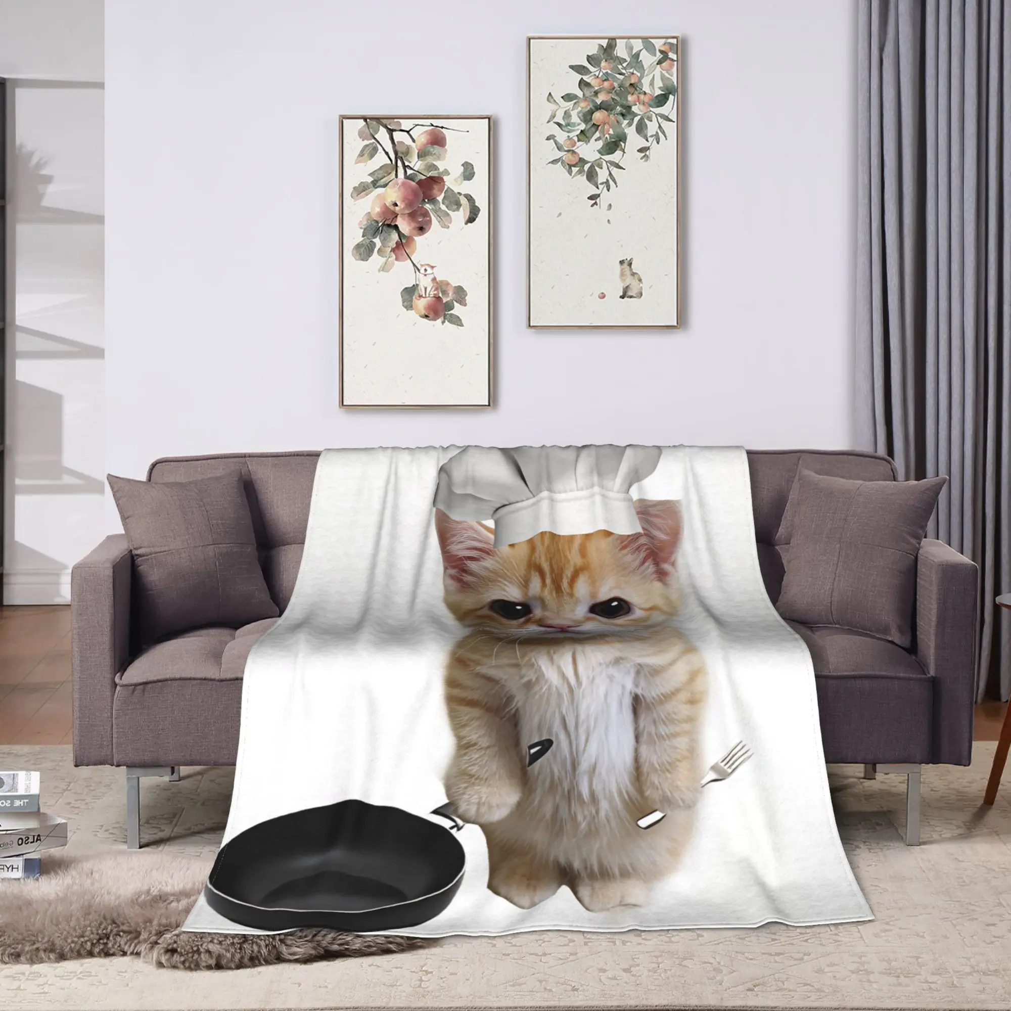 Funny Cooking Kitten Warm Soft Blanket  Aesthetic Travel Car Bedding Throws Outdoor Flannel Bedspread Sofa Bed Cover