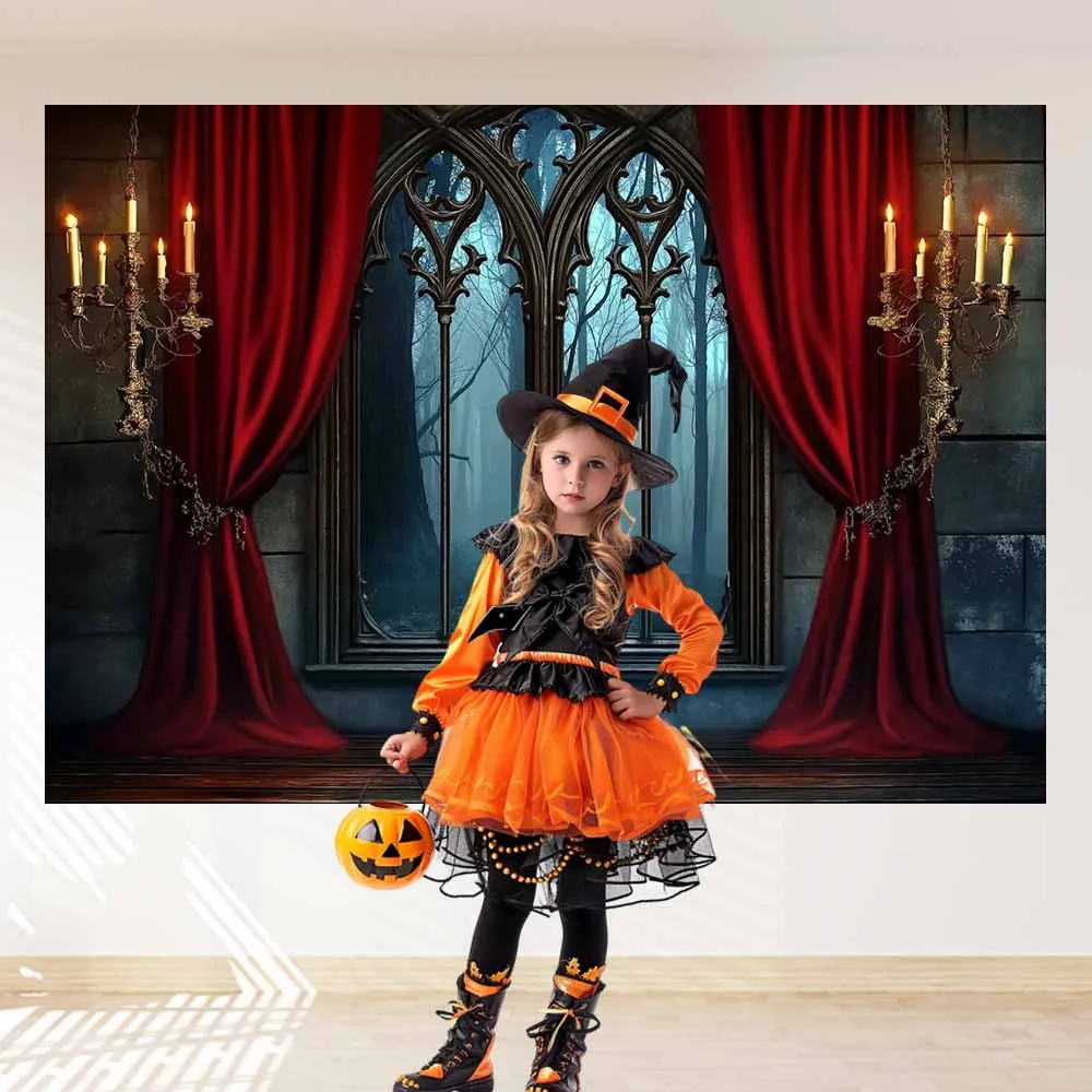 Halloween Vampir Mittelalterliche Burg Fotografie Hintergrund Gothic Fenster Roter Vorhang Fledermäuse Hintergrund Spukhaus Party Dekor – Detail 3