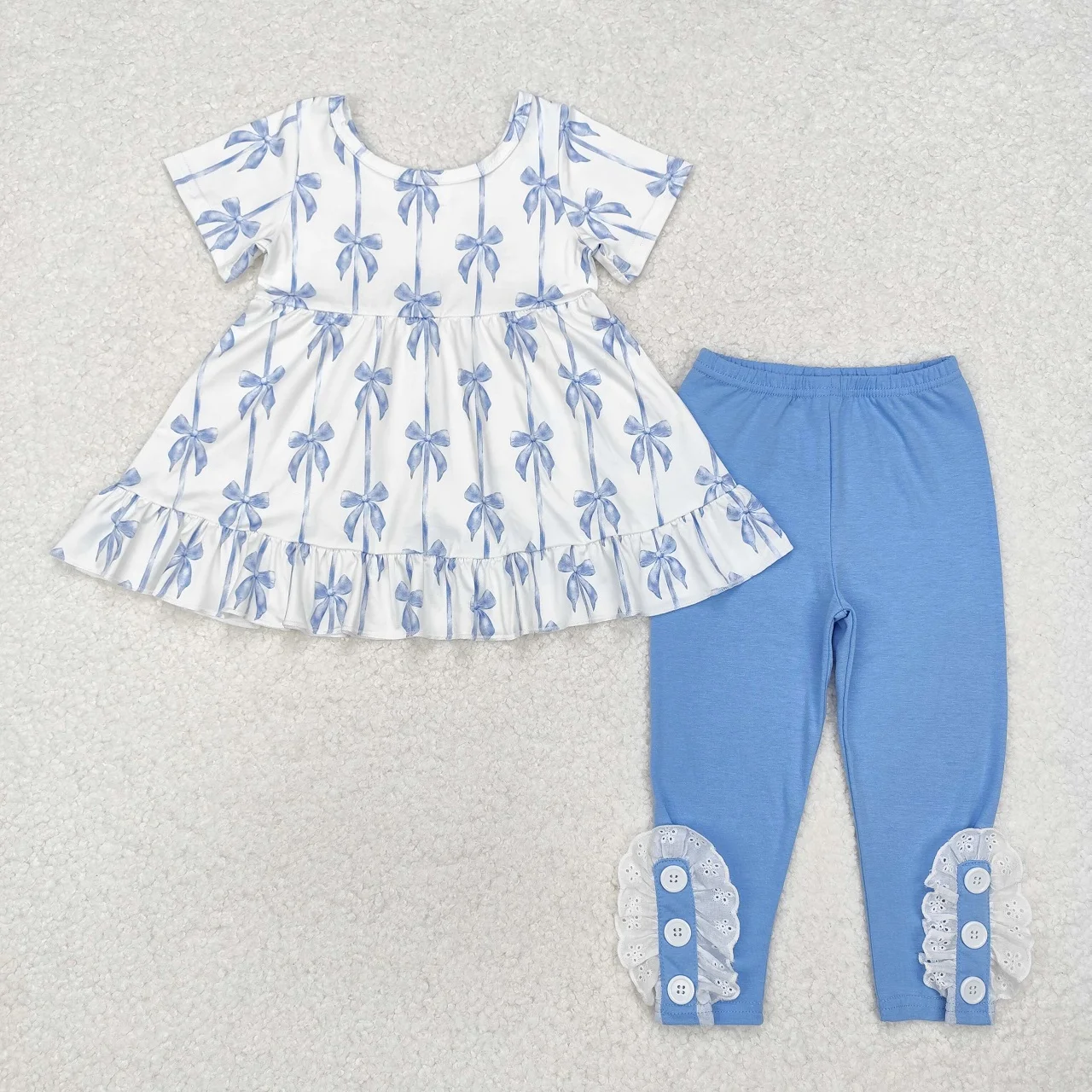 

Wholesale Kids Infant Clothes Baby Girl Short Sleeves Bow Tunic Cotton Blue Ruffle Pants Children Toddler Outfit Two Pieces