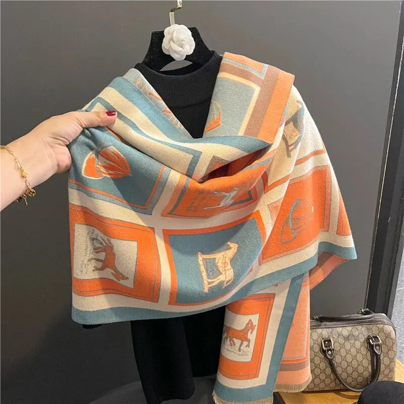 Luxury Cashmere Sacarf For Women Horse Print Thick Winter Blanket With Tassel Large Shawl And Wrap Bufanda Warm Poncho Echarpe