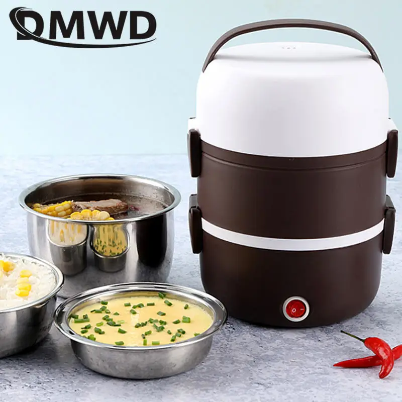 DMWD Electric 2L mini rice cooker stainless steel 2/3 layers food warmer steamer portable automatic heating insulation lunch box