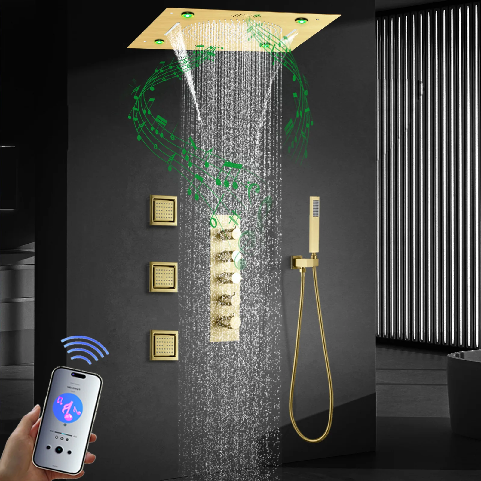 400*400mm Brushed Gold Embedded LED Music Shower System Bathroom Concealed Thermostatic Shower Set