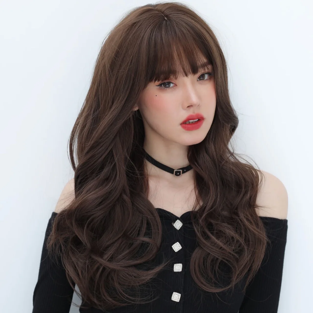 Curly Long Curly Hair Neat Bangs Big Wave Ladies Lace European and American Black Real Hair Wig