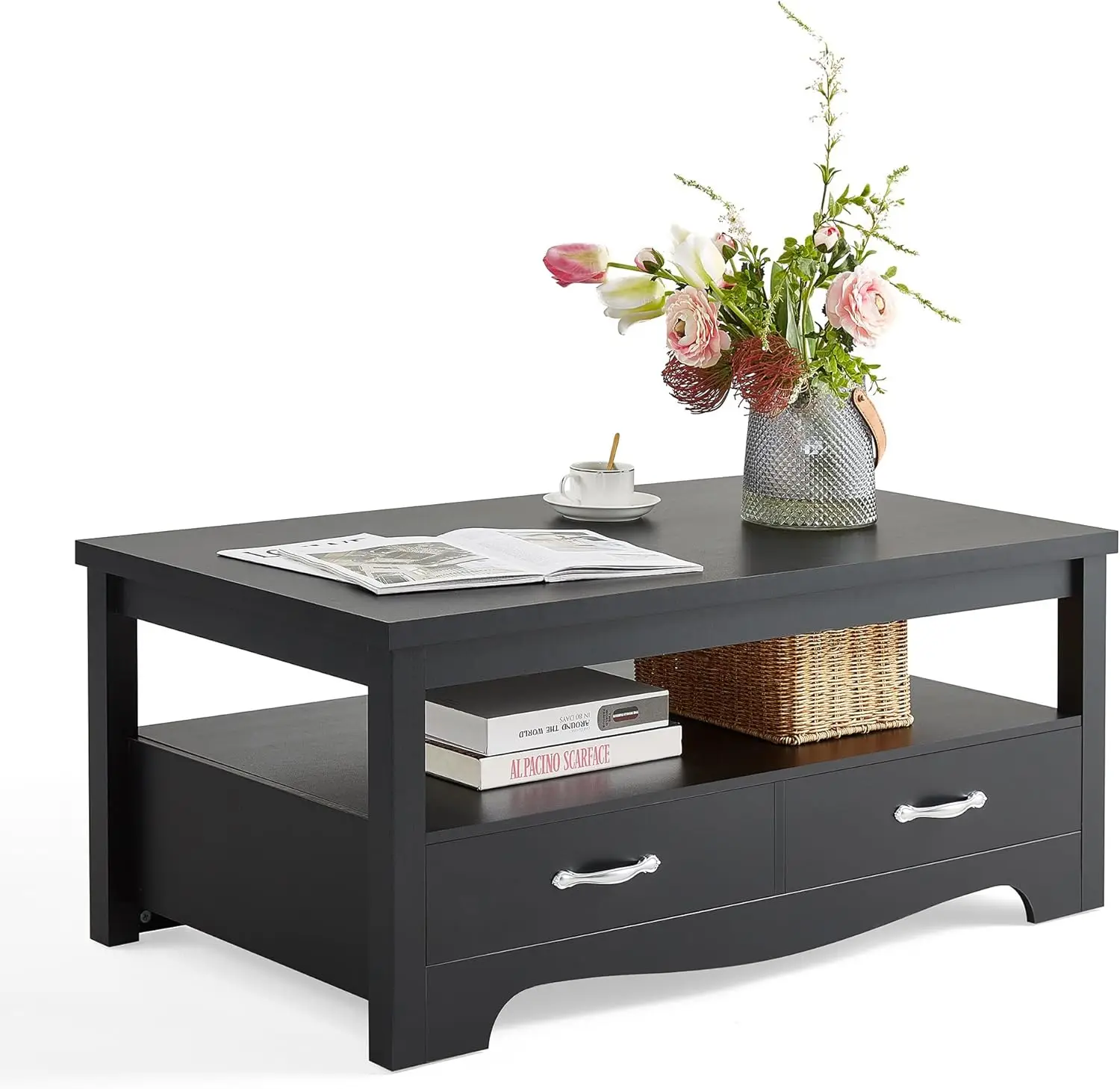 Farmhouse Coffee Table with Storage, Wood Coffee Table for Living Room, Open Display Area and Storage Drawers