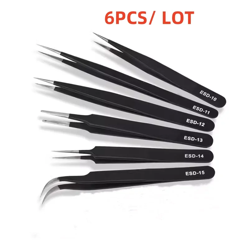 6pcs Precision Tweezers Set ESD Anti-Static Stainless Steel Tweezers Repair Tools for Electronics Repair Soldering Craft Tools