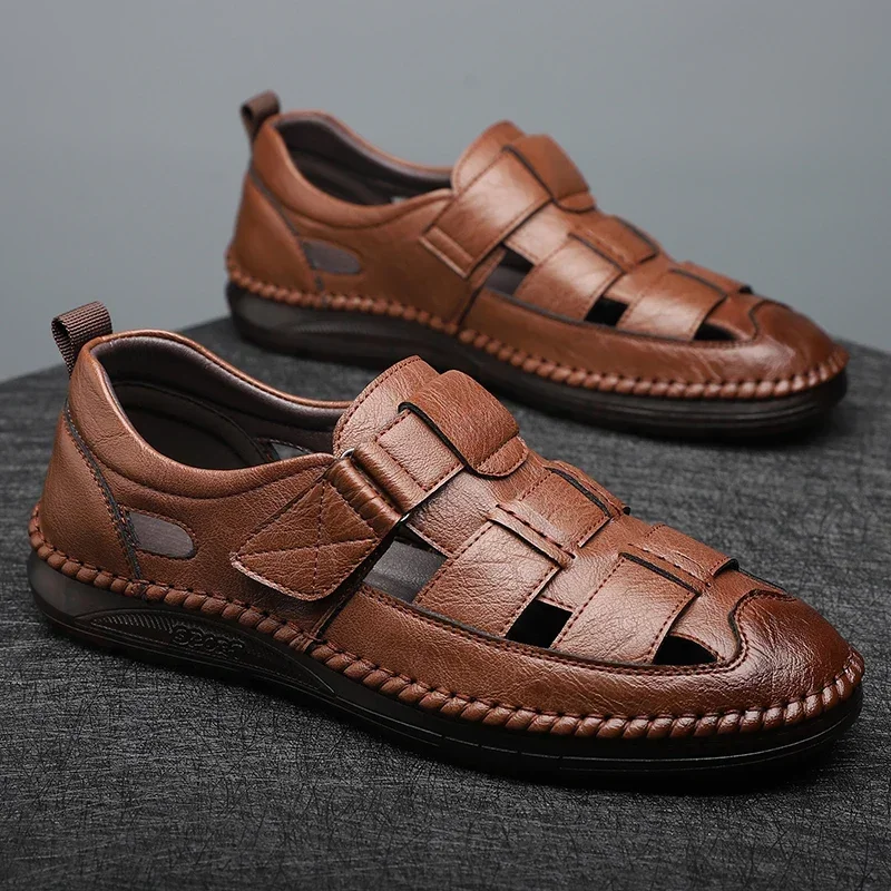 Summer New Comfortable Men Casual Wrap Toes Sandals Soft-Soled Shoes  Moccasins Hollow Out Loafers Simple Leather Outdoor Shoes