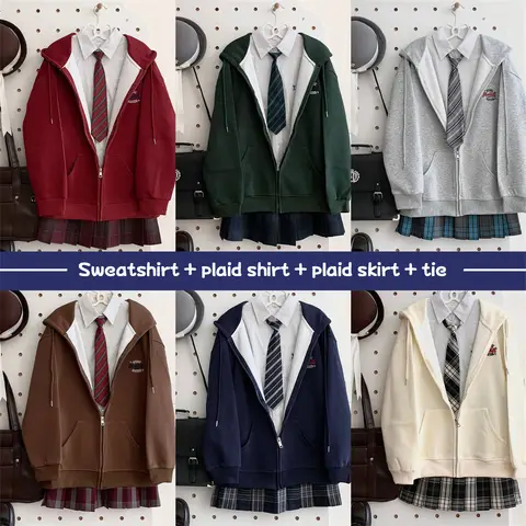 Japanese Korean JK Sweatshirt Layered Uniform Suit Shirt Plaid Skirt College Style School Uniform Wear Cute Role Play Fashion