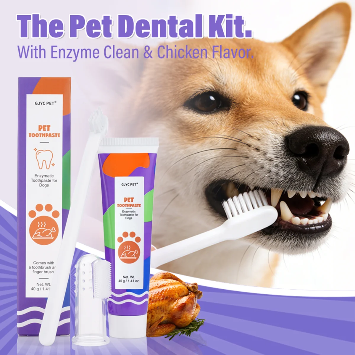 GJYC PET Enzymatic Roast Chicken Dental Care Kit With Brush Finger Brush Gentle Clean Tartar Control For Dogs Cats