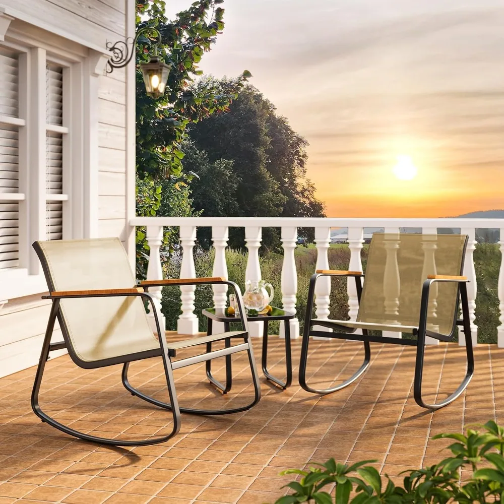 Outdoor Patio Rocking Chairs Set with Textilene Fabric, 3-Piece Bistro Furniture, Glass Table, Comfortable Seating for Relaxatio