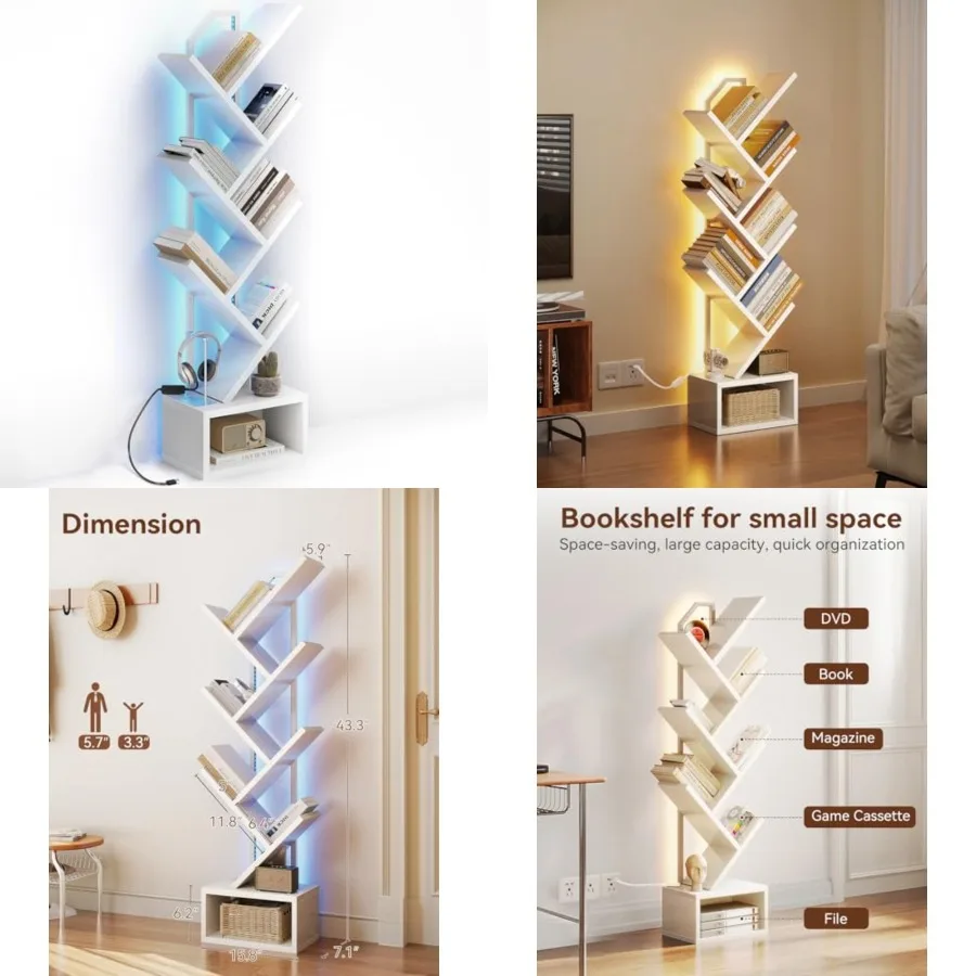 

Tree Bookshelf with LED Lights, Narrow Bookcase for Small Spaces, Tall Steel and Wood Storage Shelf with Cabinet, Home Decor an