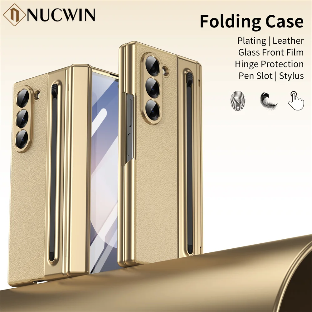 

Luxury Plating Leather Hinge Protection Case For Samsung Galaxy Z Fold 6 5 4 3 5G With S Pen and Pen Slot Screen Protector Cover