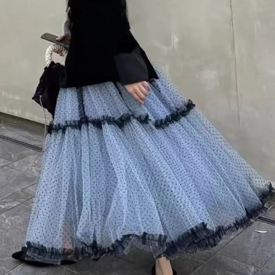 Korean Chic Midi Skirt Women Spring Autumn Vintage Pretty Polka Dot Mesh A-Line Skirt Elegant High Waist Streetwear Outfit New