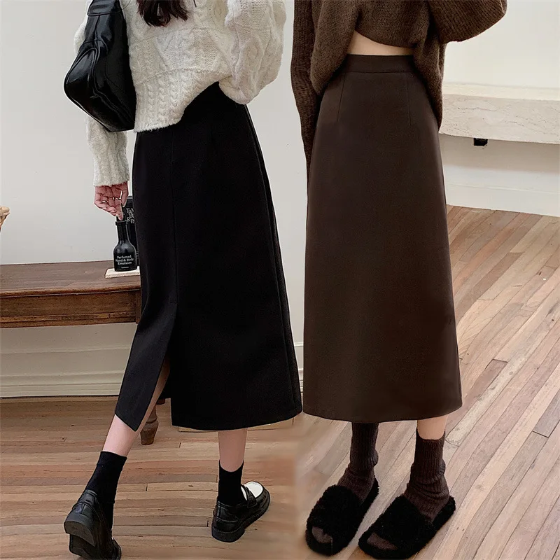 

Autumn Winter 2024 New High Waist A-line Look Thin Medium Length Black One Step Hip Wrapping Skirt