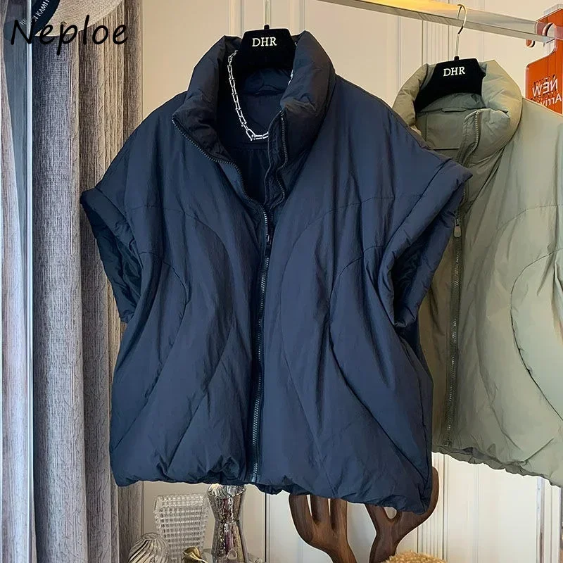 Neploe gola cor sólida sem mangas parkas 2025 coreano outono chique solto casual algodão zíper design sentido colete jaqueta