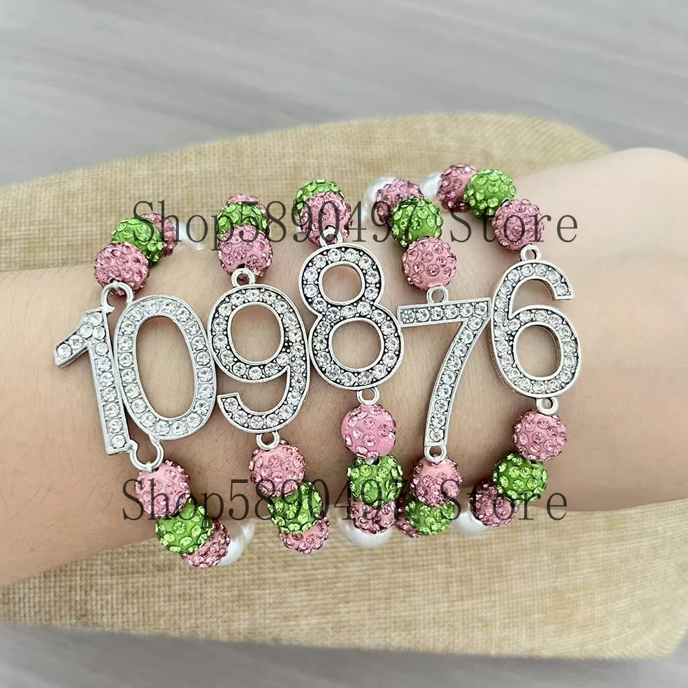 Hermandad cuentas rosas y verdes con incrustaciones de diamantes de imitación número 6-10 pulsera elástica también como regalo de fiesta