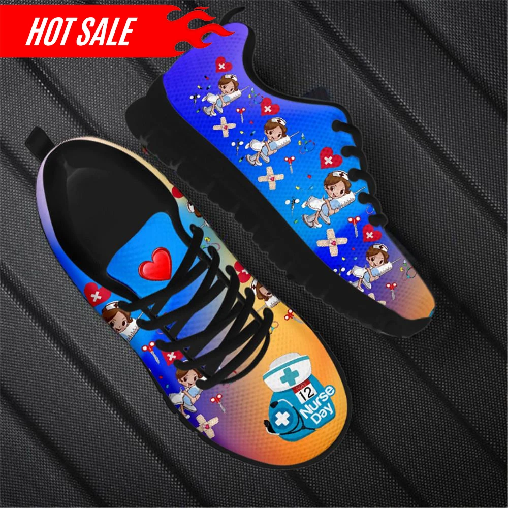 Cute Nurse Cartoon Pattern Flat Shoes for Women Breathable Casaul Mesh Sneakers Lightweight Running Shoes Zapatillas