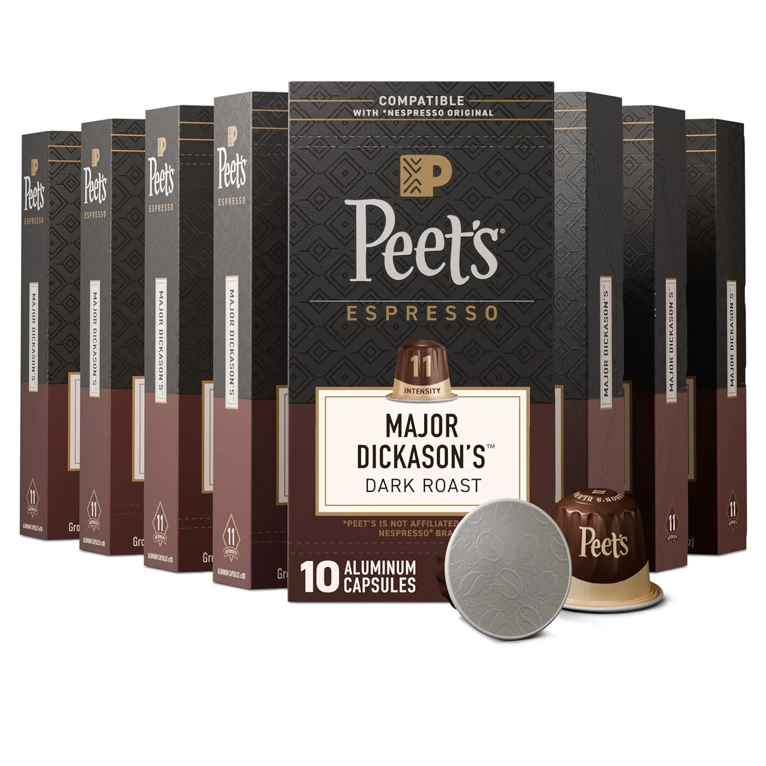 

Капсулы для эспрессо Dark Roast, совместимые с кофемашинами Nespresso Original, 100% арабика, интенсивность 11, 100 штук.