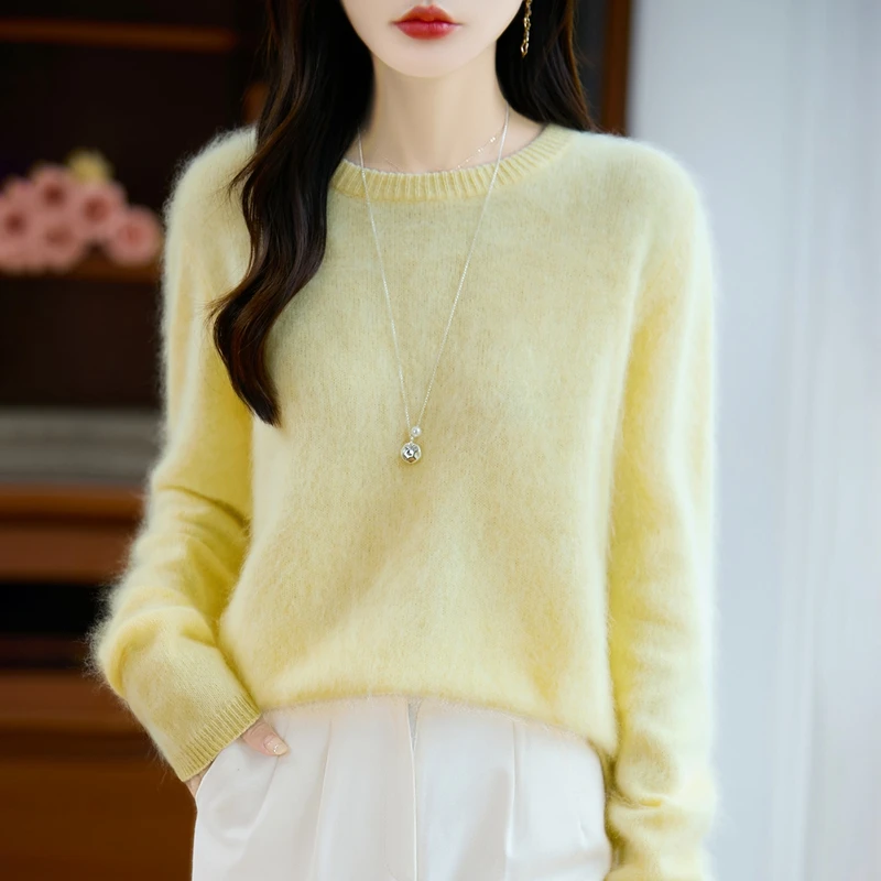 95% Wool 5% Cashmere Women's Clothing Autumn Winter Thickened Round Neck Knitted Sweater Casual Loose Tops Fashion Korean Jumper