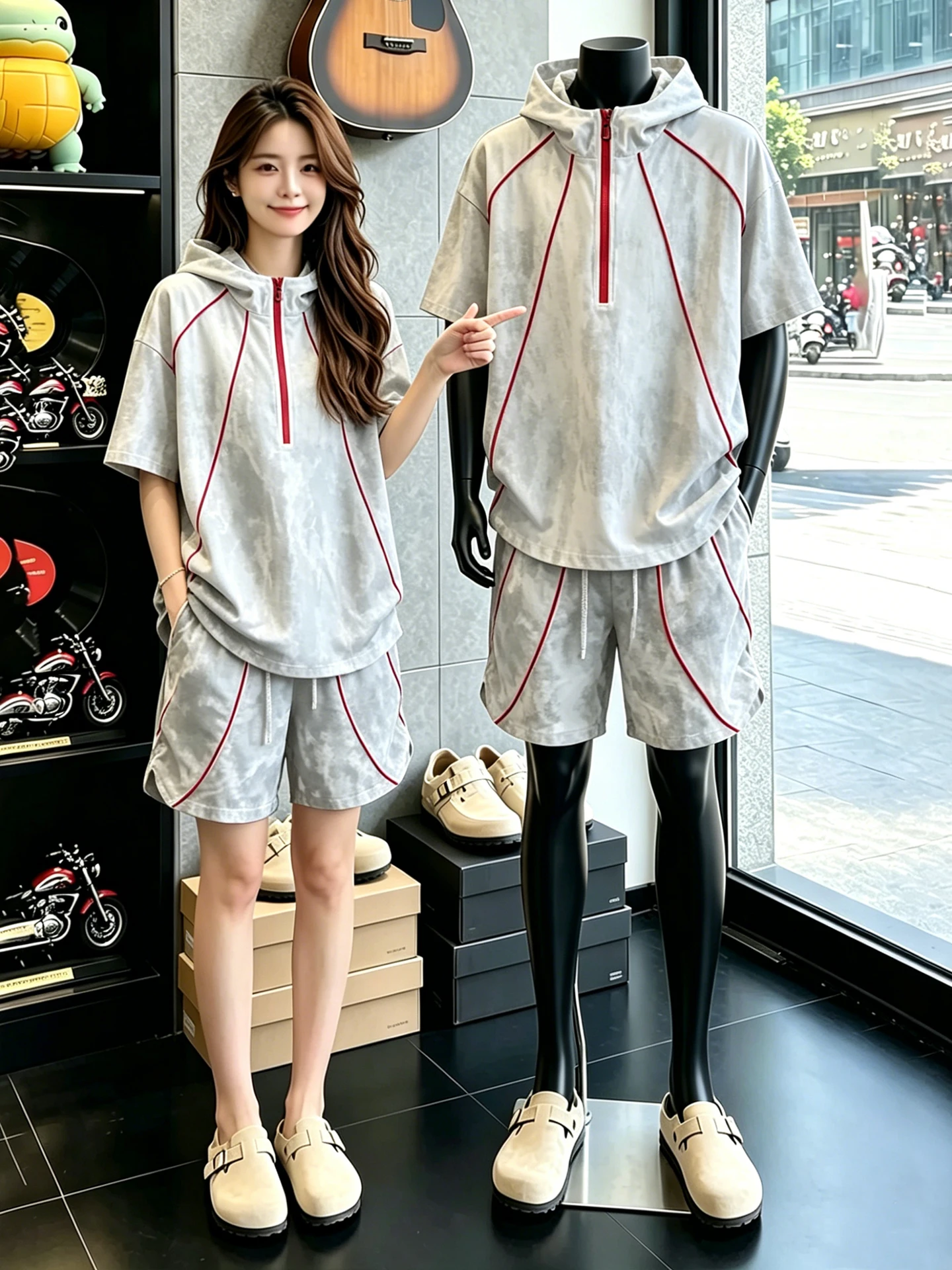 

American Dyed Hooded Short Sleeve Shorts Set Men's Summer Thin Quick Dry Casual Sports Wear Full Set Youth Fashion Clothing