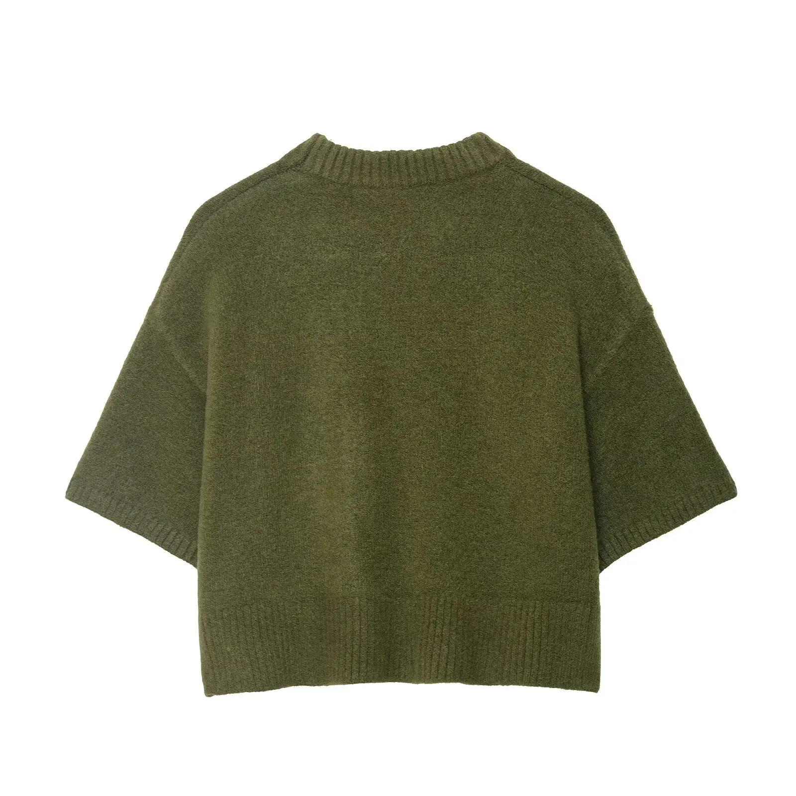 DUOPERI Women's Green Knitted Pullover Sweater Fashion With Pockets O-Neck Short Sleeves Female Elegant Chic Lady Tops
