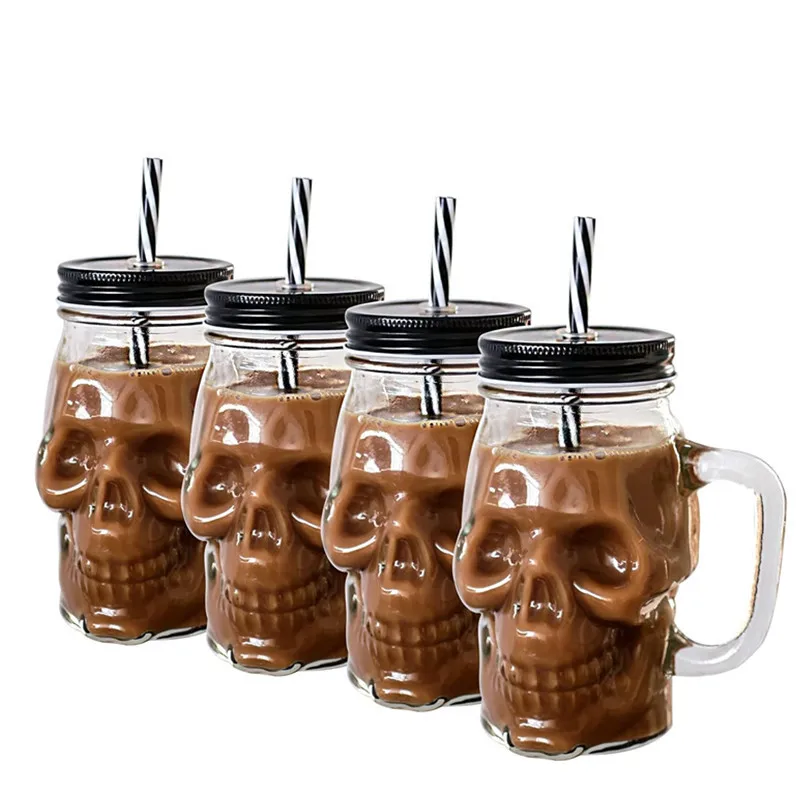 

Skull Glass Cup with Lid and Straw, Transparent Bubble Tea Cup, Juice Glass, Beer Can, Milk, Mocha Breakfast Drinkware, 4Pcs