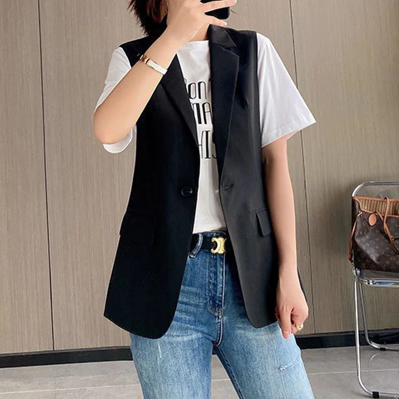 Women's Korean Fashion Notched Collar Sleeveless Elegant Suit Vest Spring Autumn Office Lady Business Casual Outewear Waistcoat