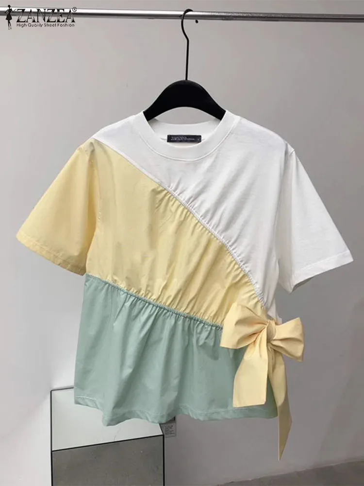 ZANZEA Bow Detail Short Sleeve Blouses Women Casual Color Block O Neck Shirts Korean Fashion Streetwear Patchwork Elegant Blusas