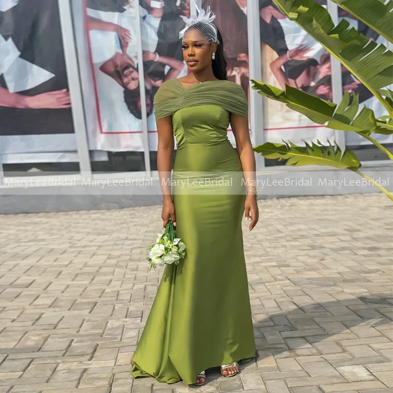 

Olive Green Mermaid Bridesmaid Dresses Off Shoulder Tulle Straps Satin Long Wedding Party Guest Gowns for Black Women Customized