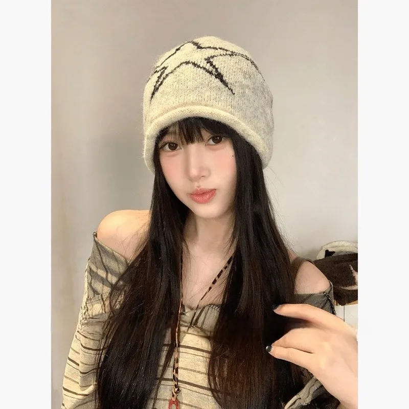 Retro Crimped Knitted Stacking Beanie for Women Big Head Circumference Face Slimming New Versatile Wool Hat