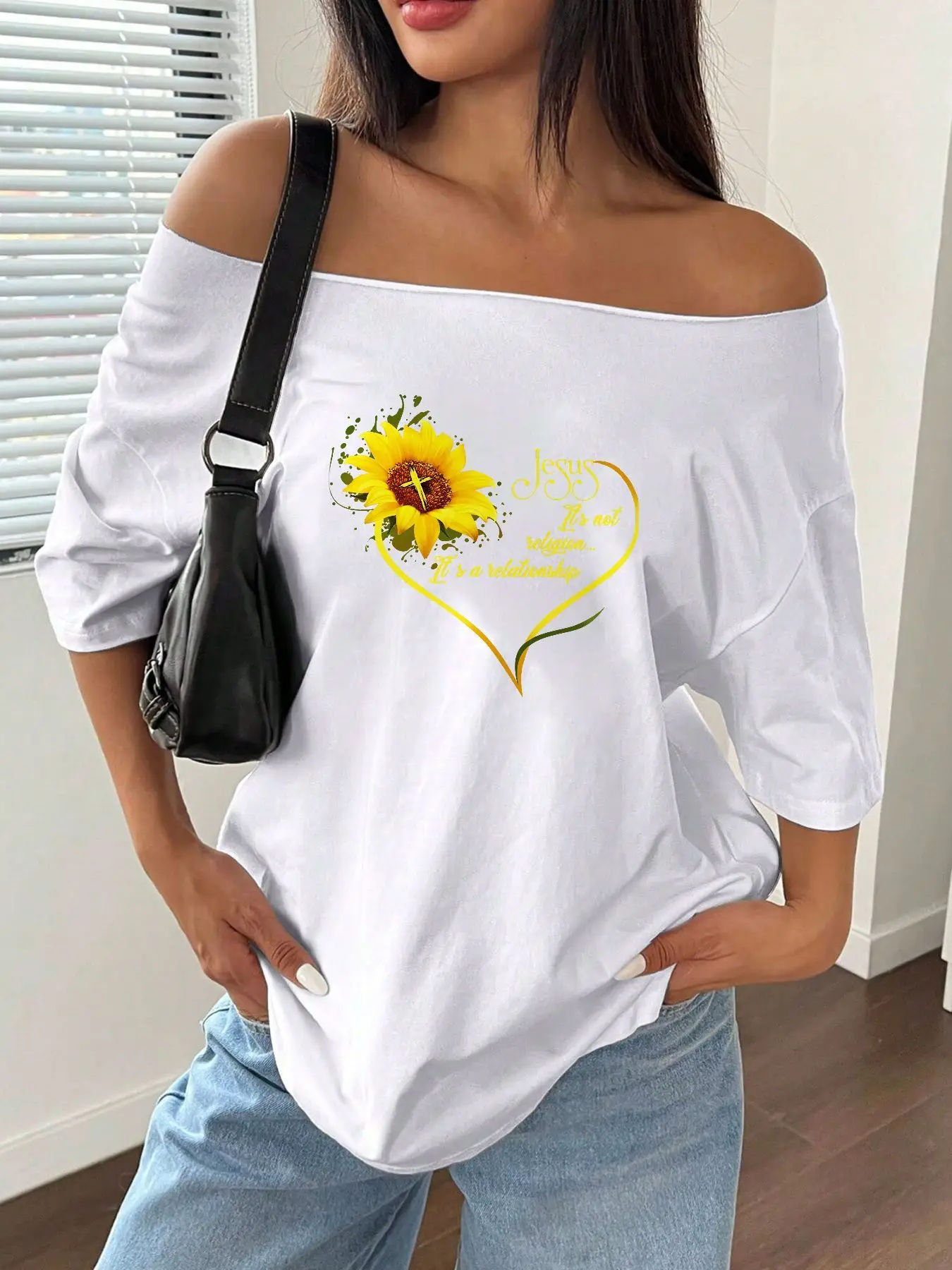 100% Cotton Plus Size Sunflower Jesus Cross Print Shoulder Loose Print T-Shirt Oversized Y2K Style Graphic Tees Women Tops Su