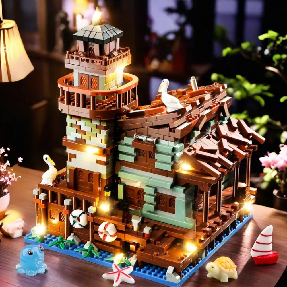 MOC الإبداعية البحرية العمارة الصيد قرية كوخ نموذج اللبنات لعبة الطوب الكبار الأطفال هدية عيد ميلاد