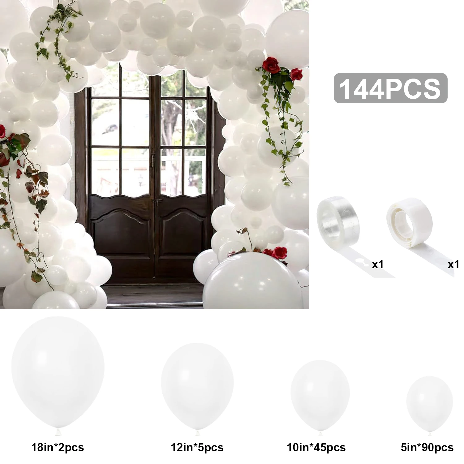 144PCS White Latex Balloon Set Suitable for Birthday Parties, Weddings, Valentine's Day Party Decorations