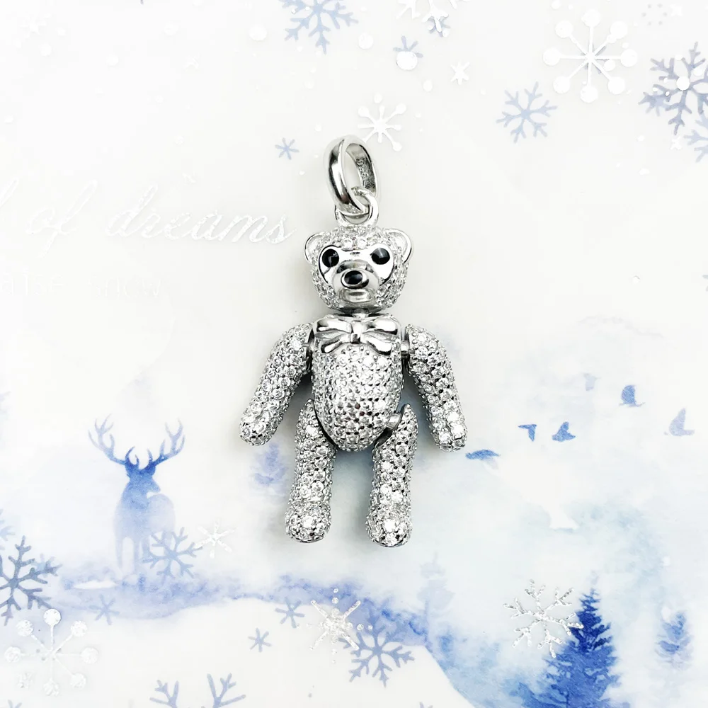 Pendant Teddy Bear Rotatable Limbs & Head 925 Sterling Silver With White Zirconia Fine Romantic Jewelry Trendy Gift For Woman