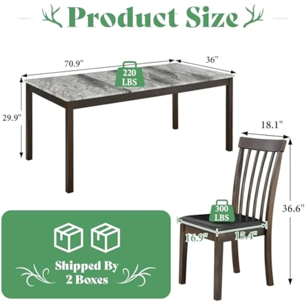 7-Piece Dining Table Set For 6, Faux Marble Modern Dining Table Set With 6 Upholstered PU Leather Chairs