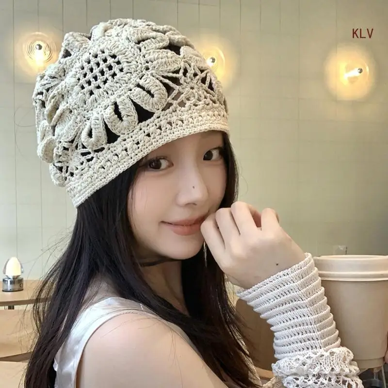 Harajuku Flower Hat 2000s Girl All Matching Hat Ethnic Crochet Pullover Skull Hat Breathable Hollowed Turban Hat