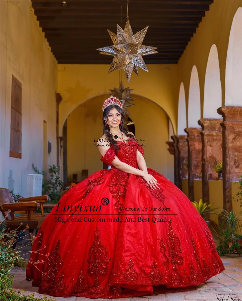 Vestido De baile rojo De lujo para quinceañera, Apliques De encaje De México, vestido dulce 16, vestido De corsé De 15 años, 2024