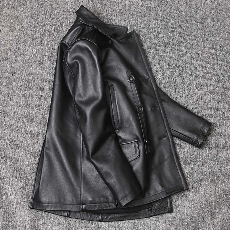 Veste en cuir véritable pour homme, coupe-vent à revers, coupe couvertes, double boutonnage, couche supérieure, cuir de vachette, mi-long