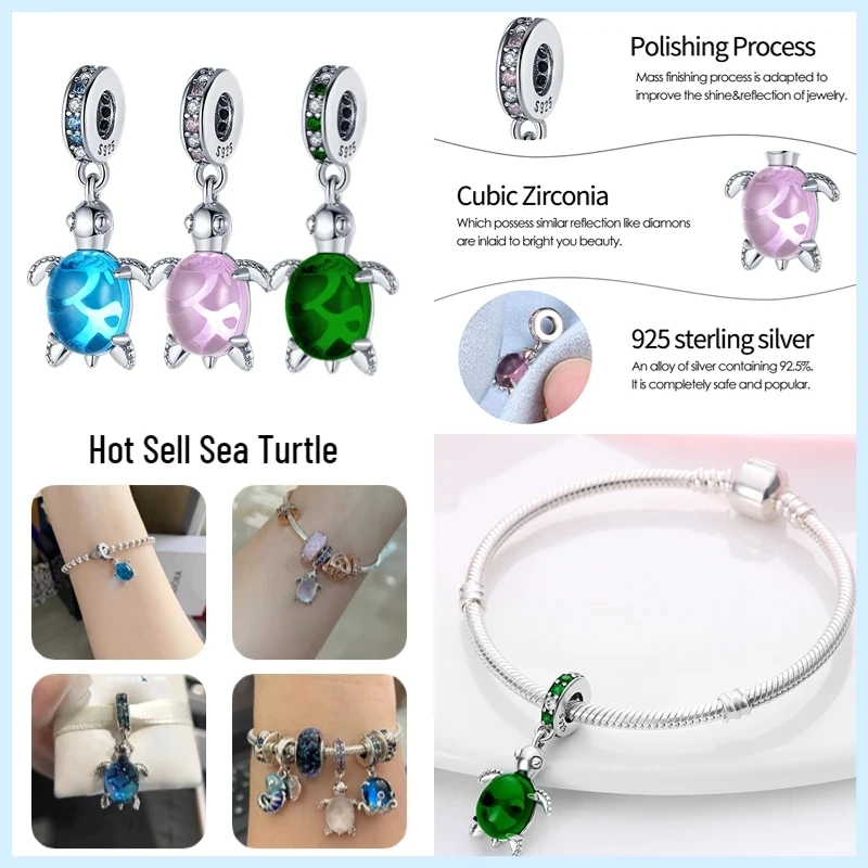 100% 925 Sterling Silver Color Change Firefly Turtle Evil Eye Chameleon Charm Fit Pandora Original Bracelet DIY Jewelry Making