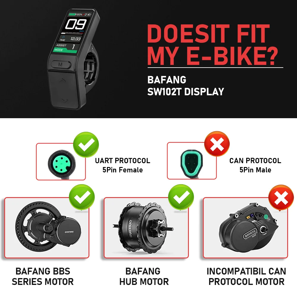 BAFANG Mini SW102T Display LCD 24V 36V 48V Ebike schermo LCD intelligente 5pin femmina impermeabile per accessori motore centrale Bafang