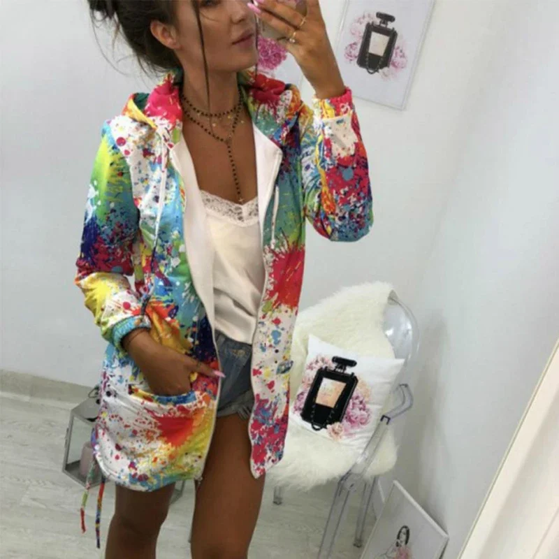 Black Jackets Women Outerwear & Coats Jackets Female Fashion Tie Dyeing Print Outwear Sweatshirt Hooded Zopper Coat harajuku