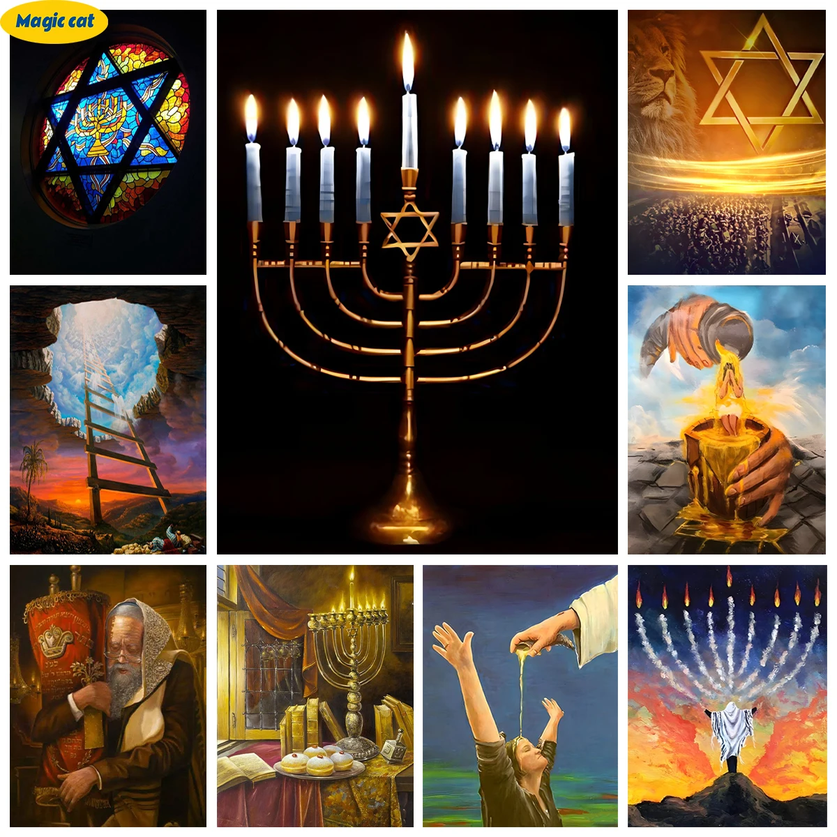 

Judaism 5D Diamond Painting Star of David and Menorah Pattern Diy Diamond Embroidery Shofar Living Room Bedroom Wall Decor Gift