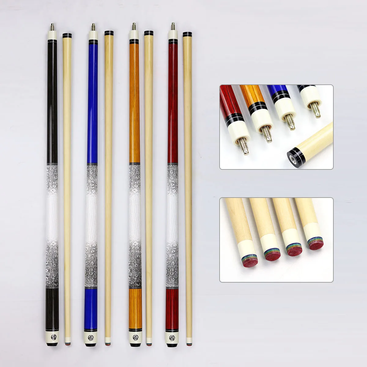

Good Entry-level 1/2 Split Pool Cue with Maple Shaft Lizard Grip Rainbow Tip Multi-color Water Transfer Print Wood Texture Butt