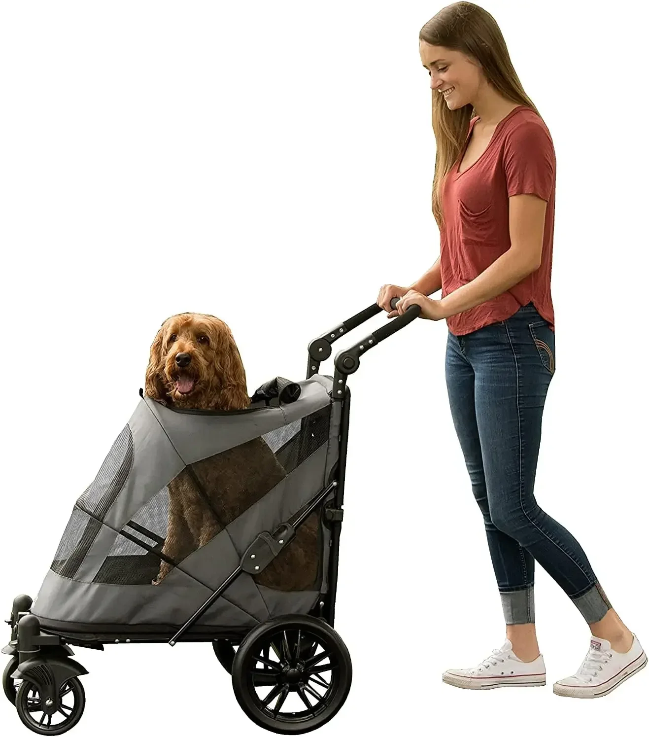 NO-Zip Pet Stroller with Dual Entry, Push Button Zipperless Entry for Single or Multiple Dogs/Cats, No Need to Lift Pet, USA