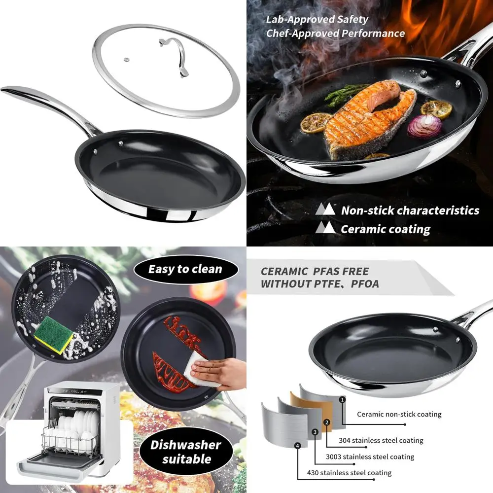 

Ceramic Nonstick Frying Pan with Lid - PFOA and PTFE Free, Oven and Broiler Safe, Thick 2.5mm Four-Layer Construction, Anti-Scal