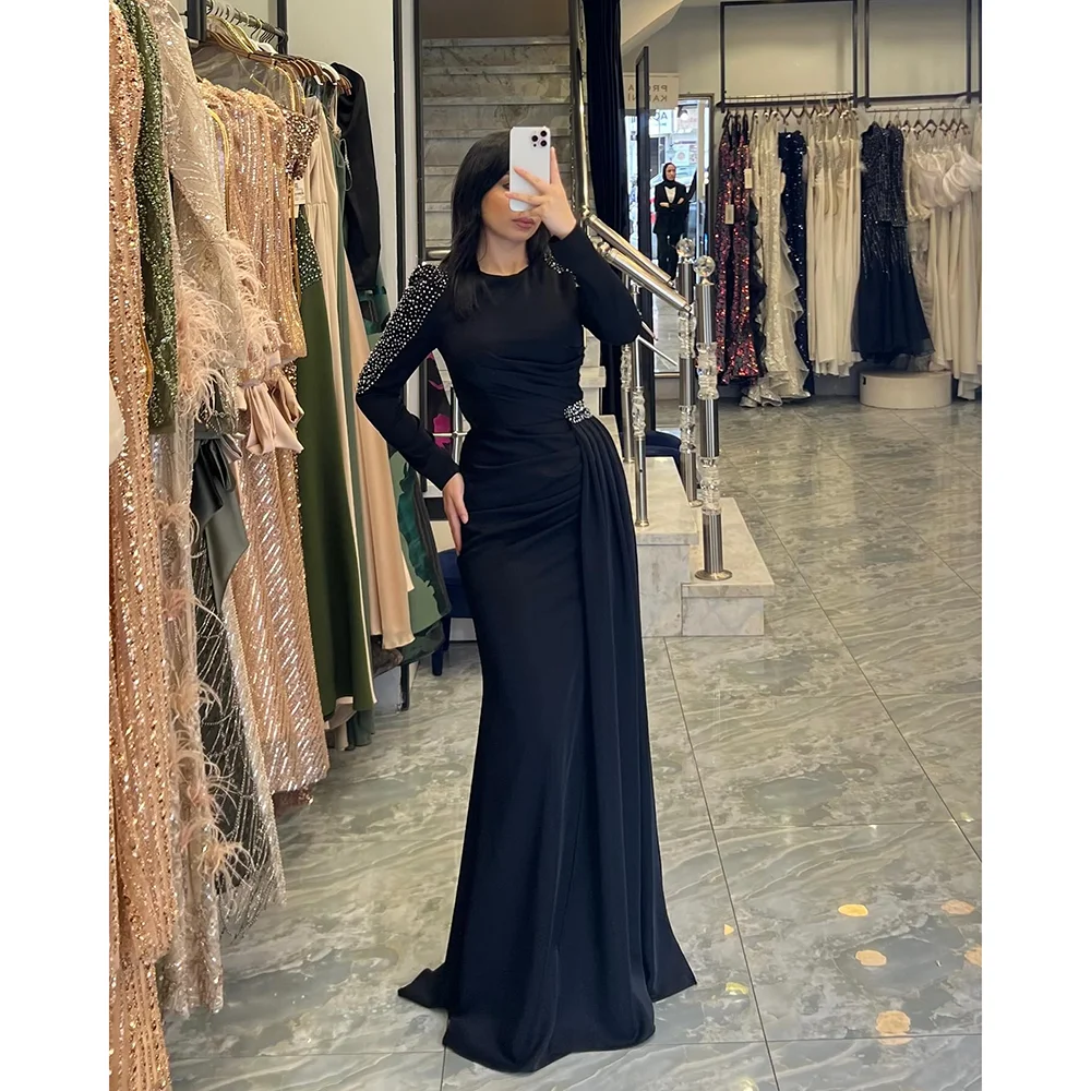 Vestido de noche Formal negro personalizado cuello redondo mangas largas rebordear Jersey vestidos de noche sirena hasta el suelo vestidos de fiesta