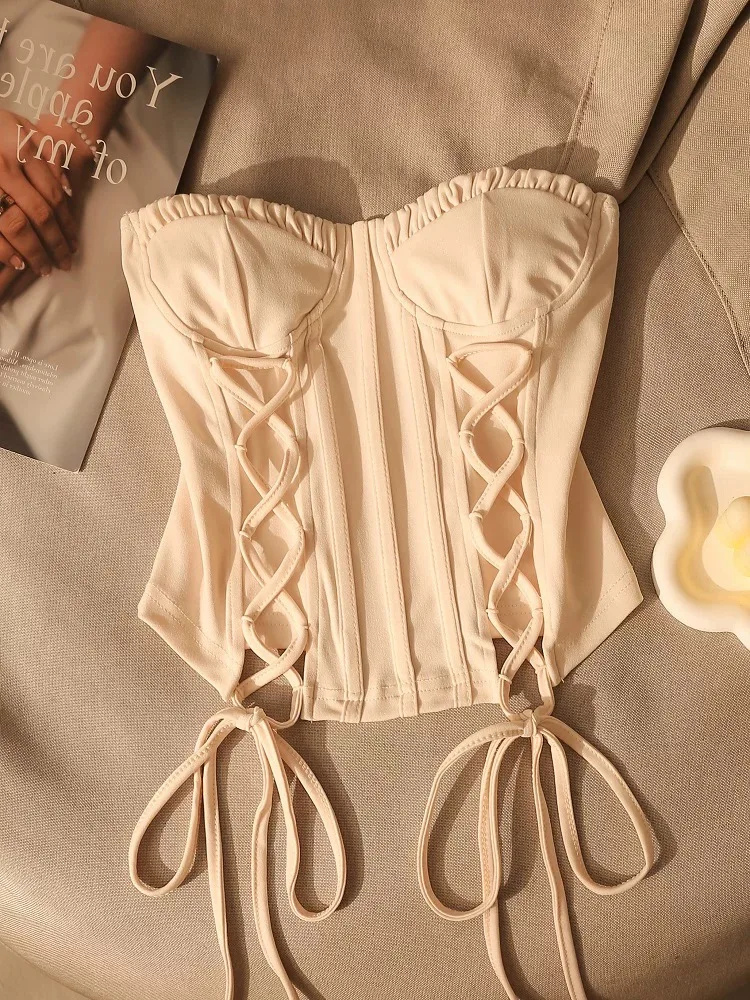 

Palace retro solid-color tube tops, simple French-style lace-up camisoles, elegant and versatile tank tops.