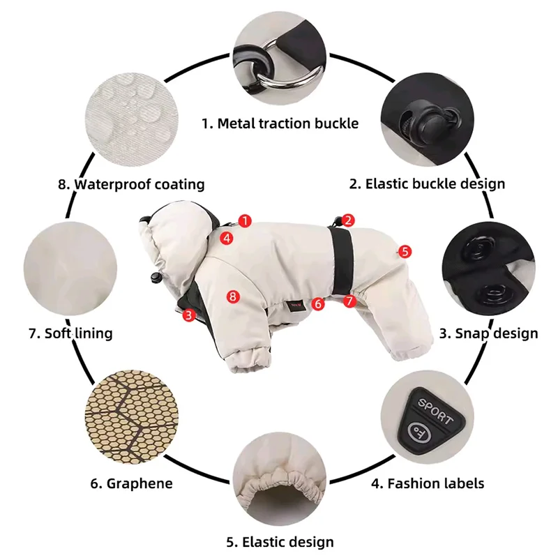 سترة قطنية دافئة بأربعة أرجل للكلاب بغطاء للرأس من الجرافين المقاوم للماء للحيوانات الأليفة، سترة مطابقة الألوان لملابس الكلاب #6