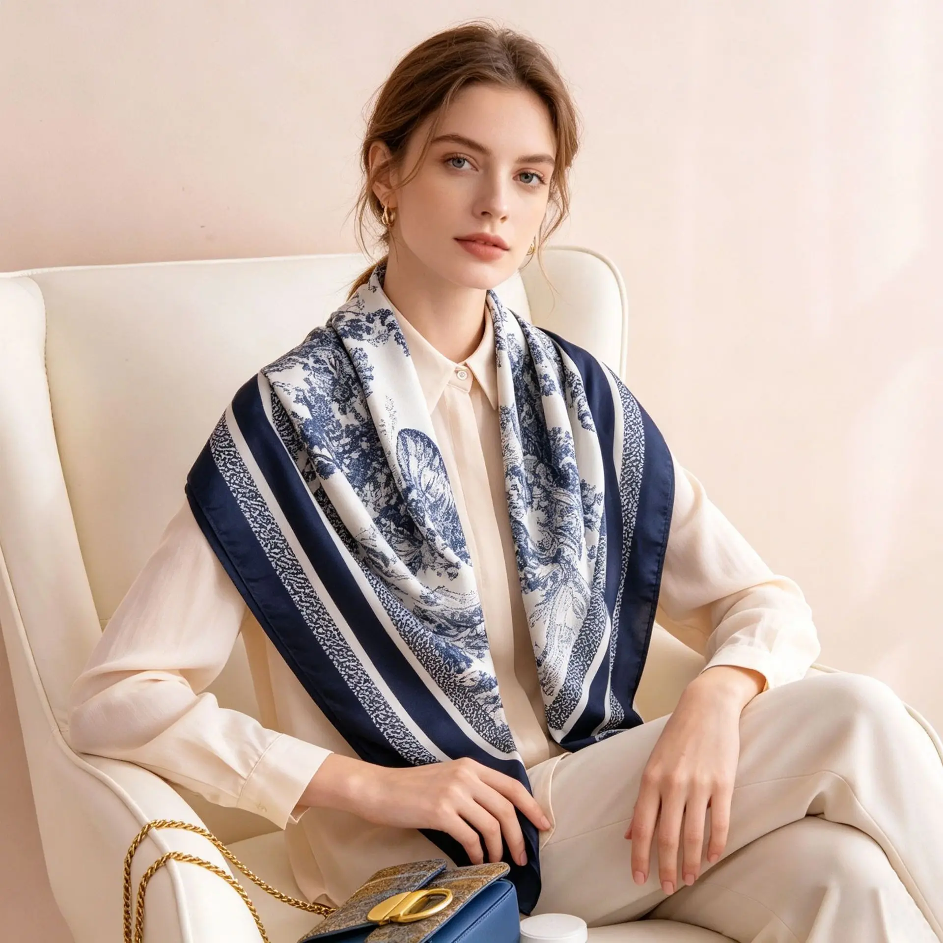 Blue Silk Scarf Simulation Silk Multi-functional High-end Fashion Decorative Scarf Headscarf Professional Wear Temperament Scarf