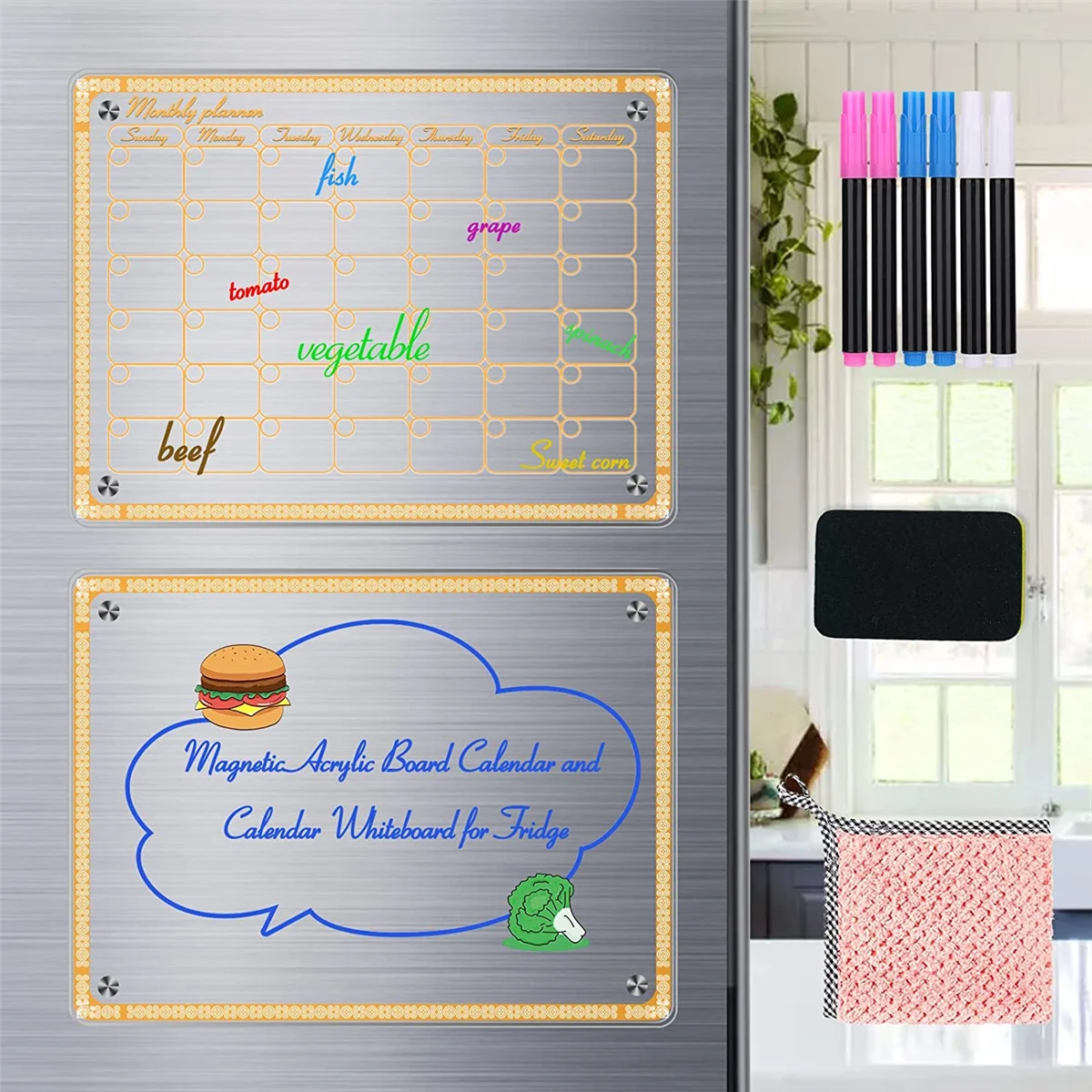 Acrylic Magnetic Dry Erase Board Calendar for Fridge, 2Pack 15.7x11.8 Inch Clear Calendar Planner Board for Refrigerator