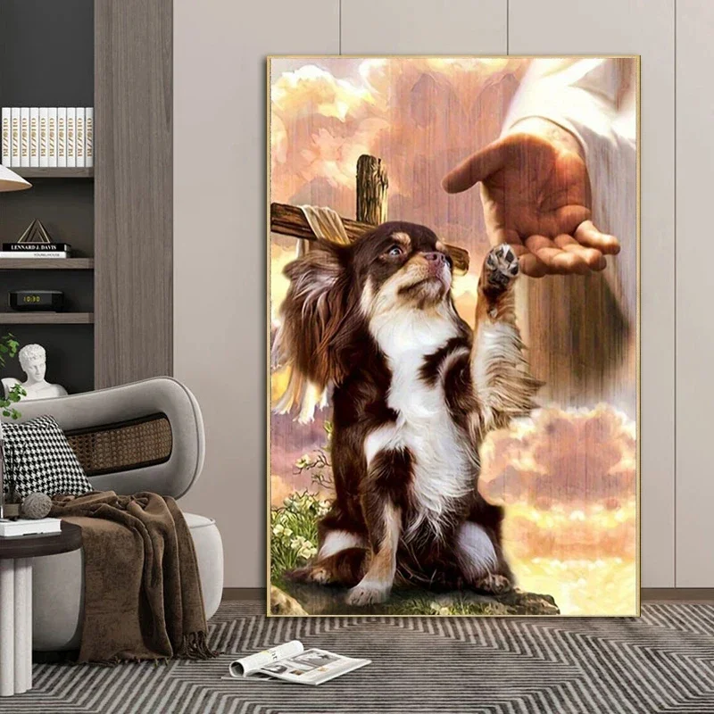 Cross and Dog Poster and Prints Jesus' Hands Canvas Painting Wall Art Picture for Living Room Home Decor No Frame